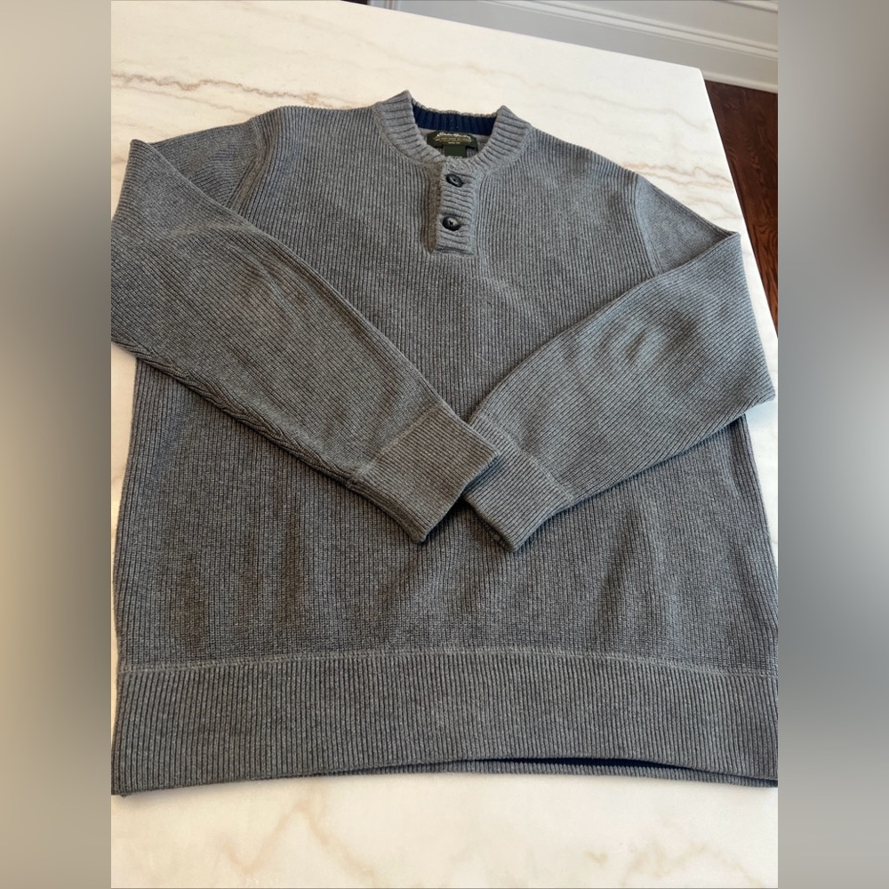 Eddie Bauer Men Medium Henley Knit Sweater Gray Heavy Long Sleeve Button